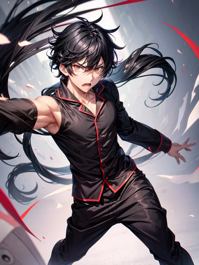 Create a single photo male anime character image,similar to a ,black hair,fluffy body,Caucasian skin,cute pajamas,with an angry face