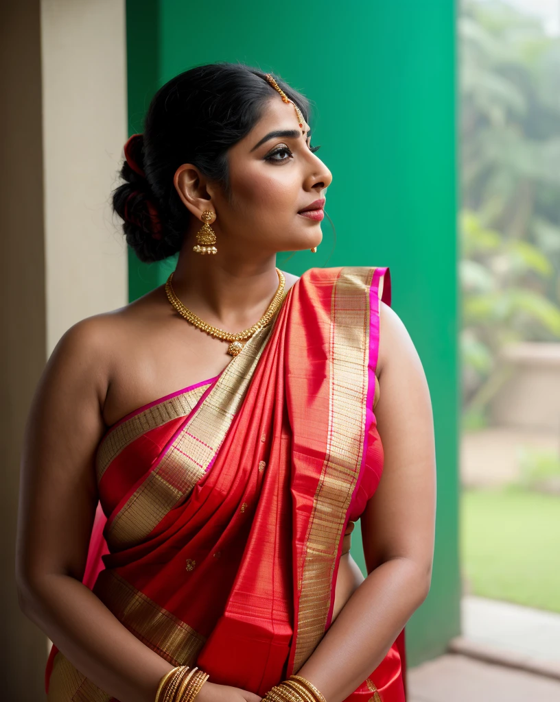 Foto RAW, photorealistic, photography, full body shot, master shot, perfect eyes, goddess like beauty, pierced eyes, perfect thick chubby mallu Desi aunty bhabhi, Wearing a Stanapatta, a chest-band.Saree model, model Photography, Indian saree shoot, Indian traditional wear advertising photography, traditional wear brand shoot, face of Indian actress priyanka chopra, masterpiece, realistic, realism, incredible details, pleasure, photorealism, detailed skin, skin pores, high contrast, photorealistic Artstation 8k HD digital art trend of high definition and detailed realistic skin texture, ultra detail, realistic skin texture, armature, best quality, ultra high definition, (photorealistic:1.4),, high resolution, detail, raw photo, sweat, Re sharp, by Lee Jefferies Nikon D850 Film Stock Photo 4 Kodak Portra 400 Camera F1.6 Lens Rich Color Ultra Real Realistic Realistic Textures Dramatic Lighting Unreal Engine Trending at Art Station Cinestill 800,(pele altamente detalhada: 1.2), 8k UHD, DSLR, soft-lighting, alta qualidade, grain of film, Fujifilm XT3,she didn't like to wear blouse or bra, she is happy to wear only saree, she hates blouse or bra, detailed hairy armpits, hyper realistic skin, skin pores, sweat, veins,