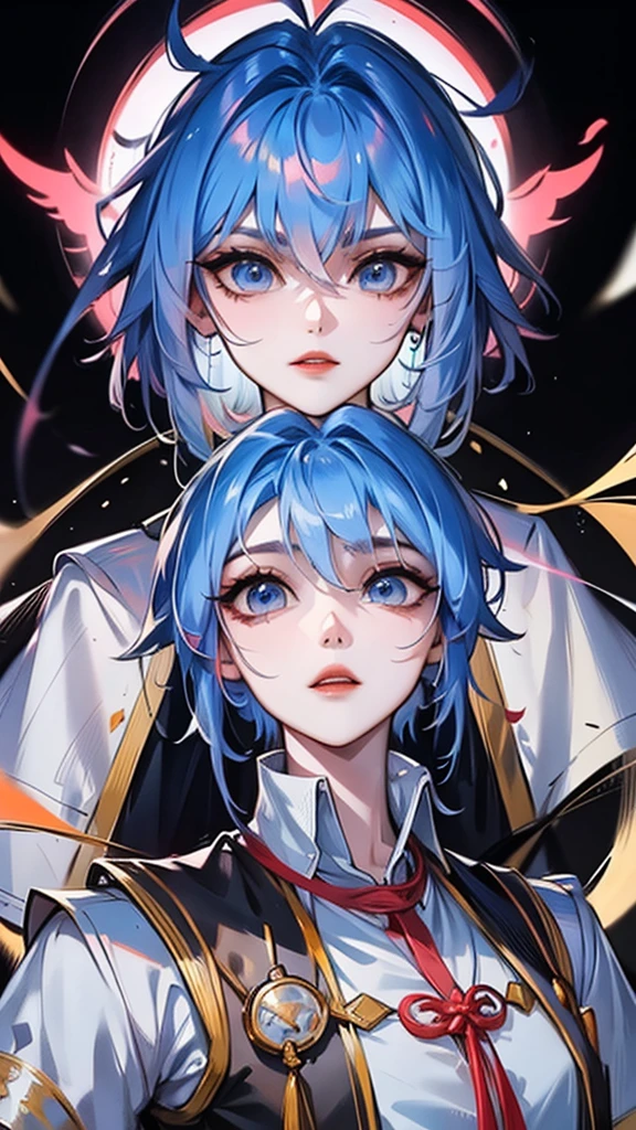 Masterpiece, Best quality, 1 Tang Wu Tong, the expression is cold, strong, blue eyes, short hair, wolfcut hairstyle, smoky mix blue color hair, resolute eyes, red lips, simple Taoist Taoist uniform, Chinese mix morden, frontal photo, black or white background, simple background, anime, illustration, hafl body, Chinese style short-sleeved shirt, cool girl