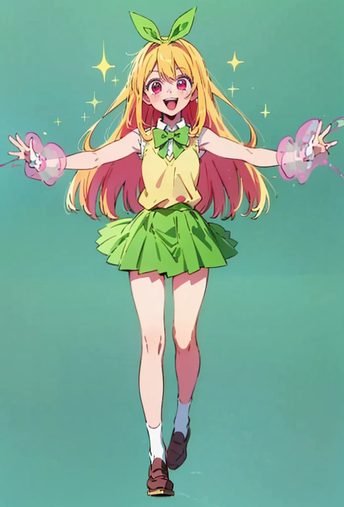 Ruby hoshino, long blonde hair, ruby dressed up as Yotsuba Nakano, dynamic pose, happy pose, long blonde hair with pink highlights, sparkling red pink eyes, star eyes, sparkling eyes, sweet face, cheery, playful happy face, lovely, 4k, perfect quality, excellent fusion, excellent character design, green ribbon, sleeveless yellow sweater, collared white short sleeved shirt, green bow tie, green pleated skirt, bright colors, pastel coloured image, vivid colours, light colours, simple background, magic hill background, splendid nature, natural light, daylight, full body, full shot, dinamic pose, extremely detailed, clean lineart, neat, smile