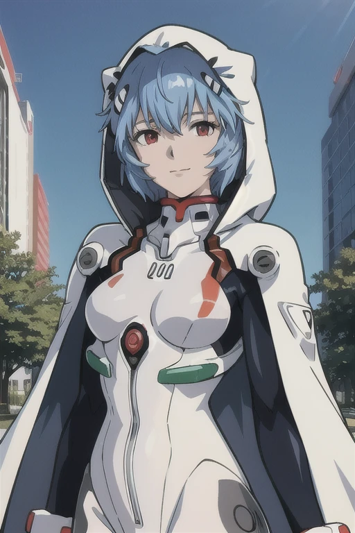 masterpiece, best quality, 1girl, ayanamirei, plugsuit, interface headset, looking at viewer, light smile, city park, upper body, white hooded cloak, cape