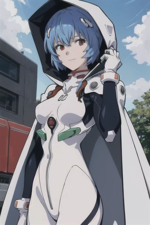 masterpiece, best quality, 1girl, ayanamirei, plugsuit, interface headset, looking at viewer, light smile, city park, upper body, white hooded cloak, cape