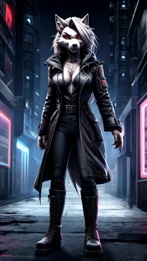 Loona from Helluva Boss, female wolf, anthro, mature adult, white hair, grey eyes, infected with blacklight virus, based and inspired by Prototype game series, hooded trench coat, pants, boots, glowing red eyes with visible iris, sharp claws, smile, visible fangs, mutant, standing, menacing, detailed, solo, beautiful, high quality, full body, 4K