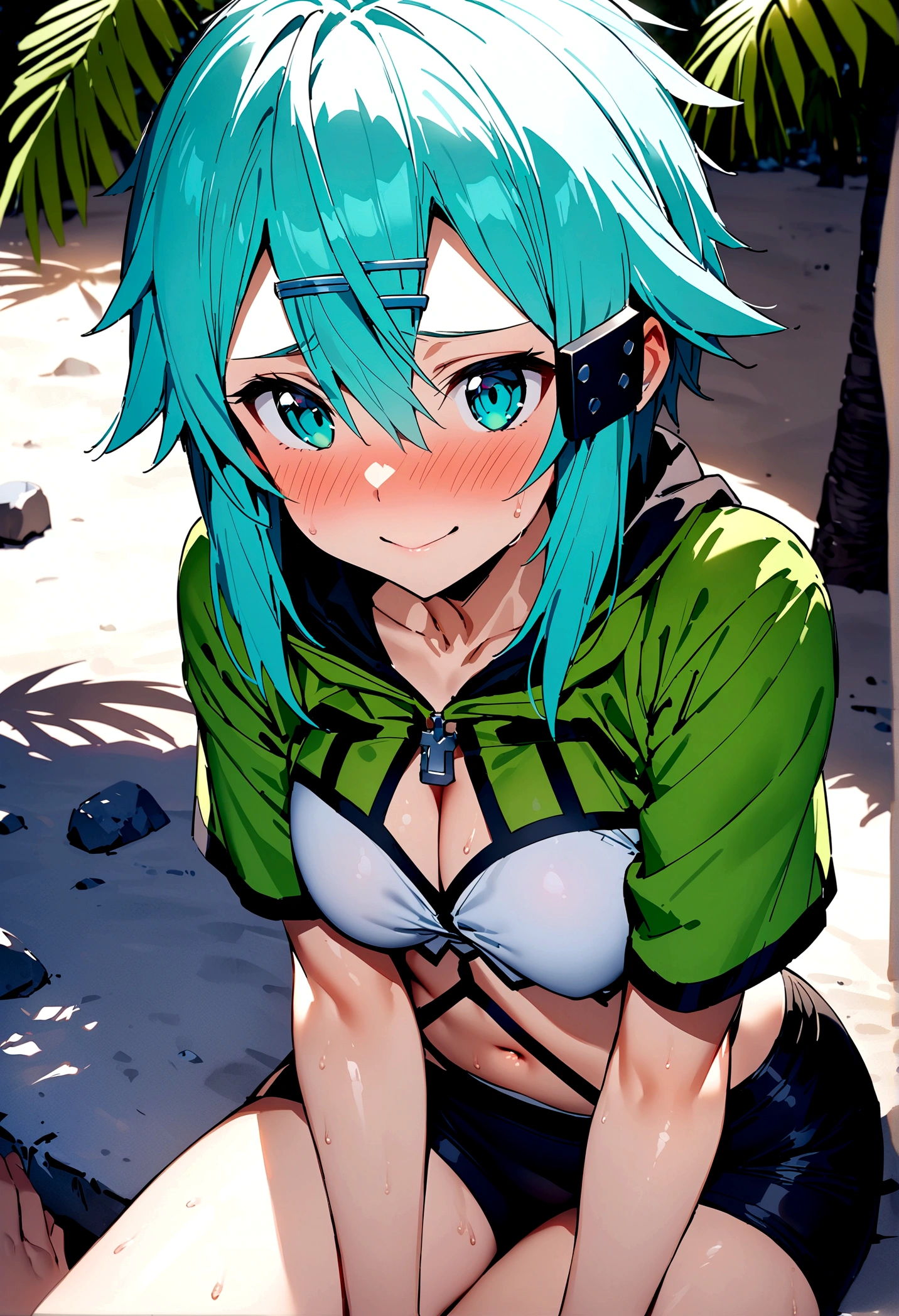 NSFW,masterpiece,Highest quality,High resolution,Super detailed,Sinon\(Sword Art Online\),High quality black and white y bikini,green cropped jacket,Short sleeve,Black shorts, hair ornaments, Hair Clip,Embarrassed,expectant face,smile,blush,Fantasy,beach,Palm tree,Rock Shade,Beach parasol,Sitting