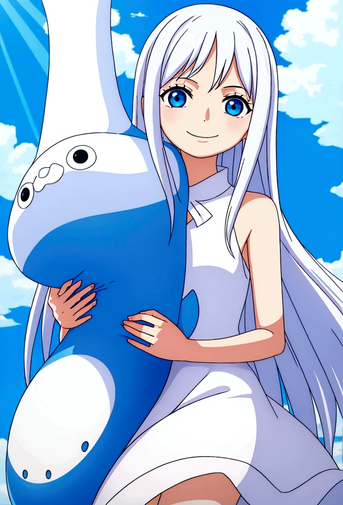 girl (5 years old), platinum white long hair, blue eyes, hugging a stuffed whale, wearing cute dress, smiling in a sunny day