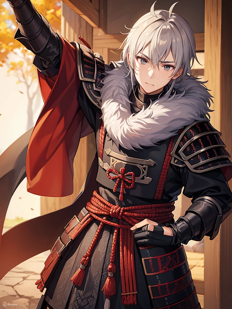 man in samurai armor with fur around the neck and waist, Wearing a devil's helmet, Dusty ornaments, Tired of fighting, Man Warrior, armor, amazing, Facial blemishes, DND Character Portrait, Complex, 8K resolution, Dynamic Lighting, Ultra-detailed, Unreal 5, Volumetric lighting, Alphonse Mucha, Pre-Raphaelites, Detailed Background, Mandala, Detailed face, Fine grain, neon eyes