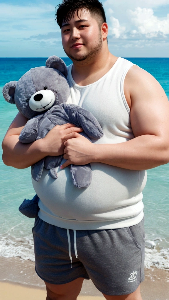 high quality,ultra detailed,best quality,Fat man,Thick chest,Wet skin,beach,japanese,gray Sweat shorts,topless,hugging a stuffed toy,