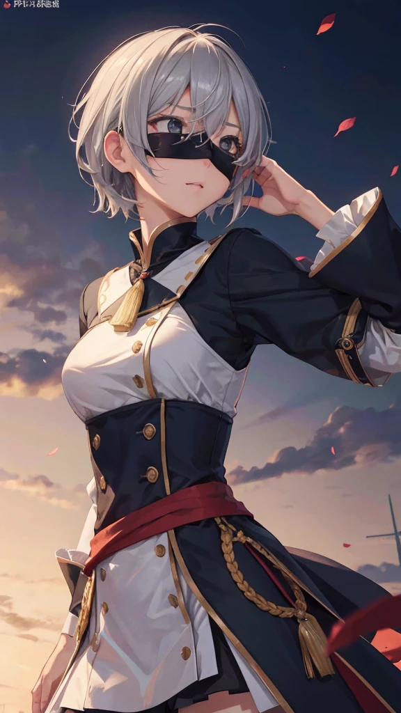 (非常に詳細な CG ユニティ 8K 壁紙), (masterpiece), (Highest quality), (Super detailed), (Best illustrations), (Best Shadow), (Absurd), 2b, One girl, short hair, Long ponytail, Regular size , Gray Hair, Blindfolded Solo, Intimidating woman, Admiral's Uniform, night, Hero Pose, White clothes, General uniform, uniform, sunlight, sunlightにさらされる,commander, Cape, Finding, ((Beautiful Fantasy Girl)), (Master Parts: 1.2), Highest quality, High resolution, Photorealistic, Photogenic, ユニティ 8K 壁紙, Perfect lighting, (Perfect Arms, Perfect Anatomy) Beautiful Face, Intricate details, Realistic details, anime, Perfect Girl, Perfect detail, Ultra HD |, 8K, Professional photos(非常に詳細な CG ユニティ 8K 壁紙), (masterpiece), (Highest quality), (Super detailed), (Best illustrations), (Best Shadow), (Absurd), 2b, One girl, short hair, Short Ponytail, Regular size , Gray Hair, Blindfolded Solo, Intimidating woman, Admiral's Uniform, night, Hero Pose, White clothes, General uniform, uniform, sunlight, sunlightにさらされる, commander, Black clothes, Sunlit, Sunset background