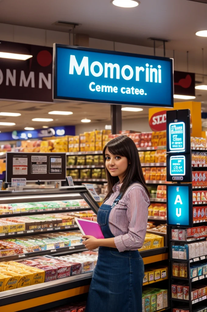Sign with large letters that says cashier moni A girl standing next to the sign