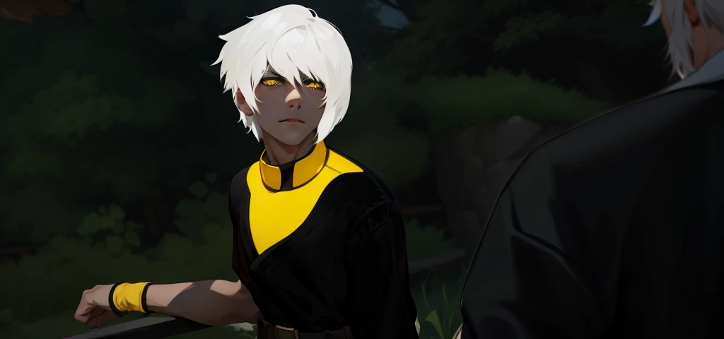 There is a 27-year-old man with white hair and yellow eyes. He is talking about something serious.