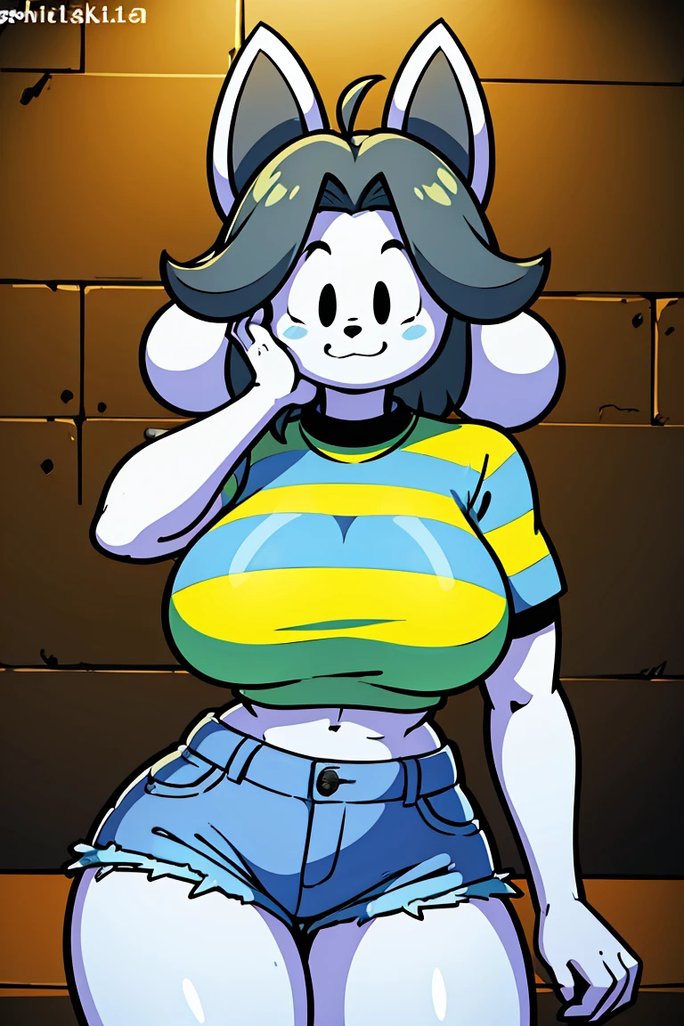 cute cartoon character temmie, grey hair, striped shirt, jean shorts, tall, muscular, cropped, black spot eye, detailed, corpão gostoso, alta, gigante, rosto delkz, 4k, 8k, highres, masterpiece:1.2, ultra-detailed, realistic, photorealistic, photo-realistic:1.37, HDR, UHD, studio lighting, ultra-fine painting, sharp focus, physically-based rendering, extreme detail description, professional, vivid colors, bokeh, cartoon, character design,  pose, fantasy