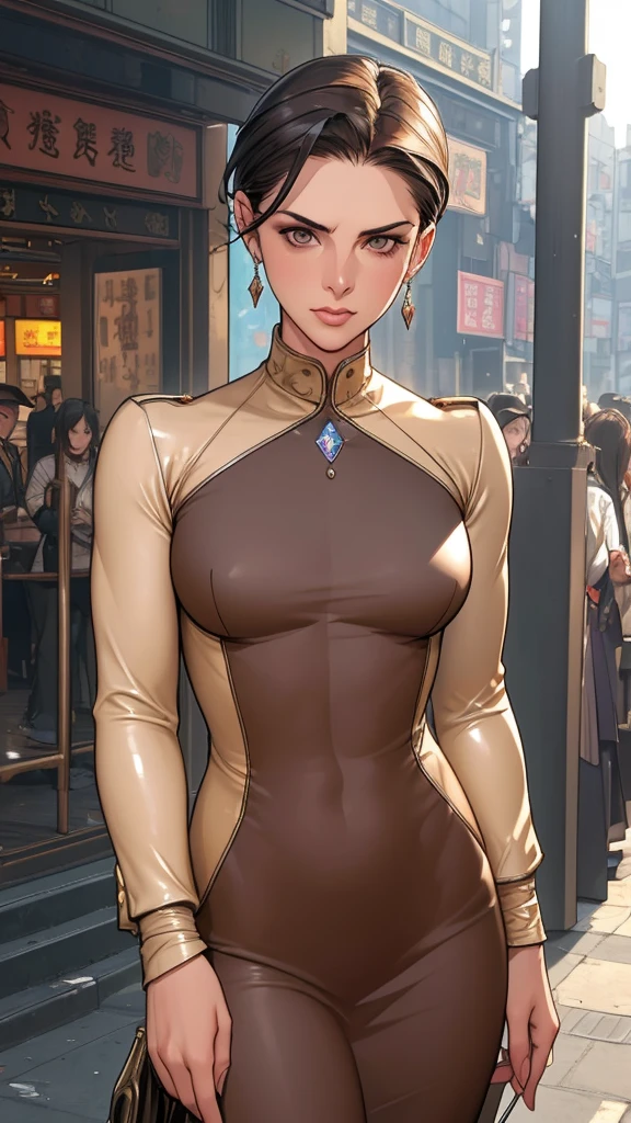 (masterpiece:1.3), (disorganized:1.3), (highest quality:1.3),(perfect anatomy:1.5),perfect finger,(detailed face), solo, femme woman around 25 years old,Army officer,(Steam Punk), (Victorian era),Old Hong kong,(Kowloon area),horizontal angle,((looking at viewer:1.3)), (Super detailed:1.3),(best shadow:0.7),(small breasts),((slicked back short hair:1.1)),(treated hair),fine eyes, beautiful eyes, perky breasts, [Victoria Beckham], [[Kate Beckinsale]], [[[Jenna Coleman]]], [[[Tricia Helfer]]]
,((muscular)),dark skin,alone, standing, crystal earrings,closed_mouth, arm_behind_return,beige latex dress,rest outdoors, intimidating pose,cowboy shot