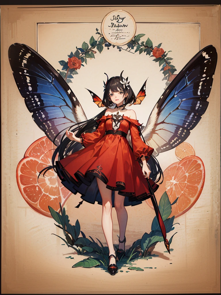 Masterpiece, forgotten_.pages a drawing of a girl with red butterfly wings, beautiful, Beautiful,Red dress, flying in the sky, joya, perla,standing, forgotten_.pages