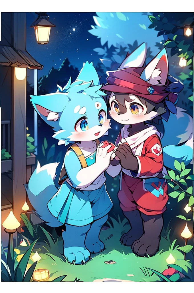 Blue fur, Canine, fox motif, Couple of girls and boys, Hand in hand，One boy，One Girl，night，