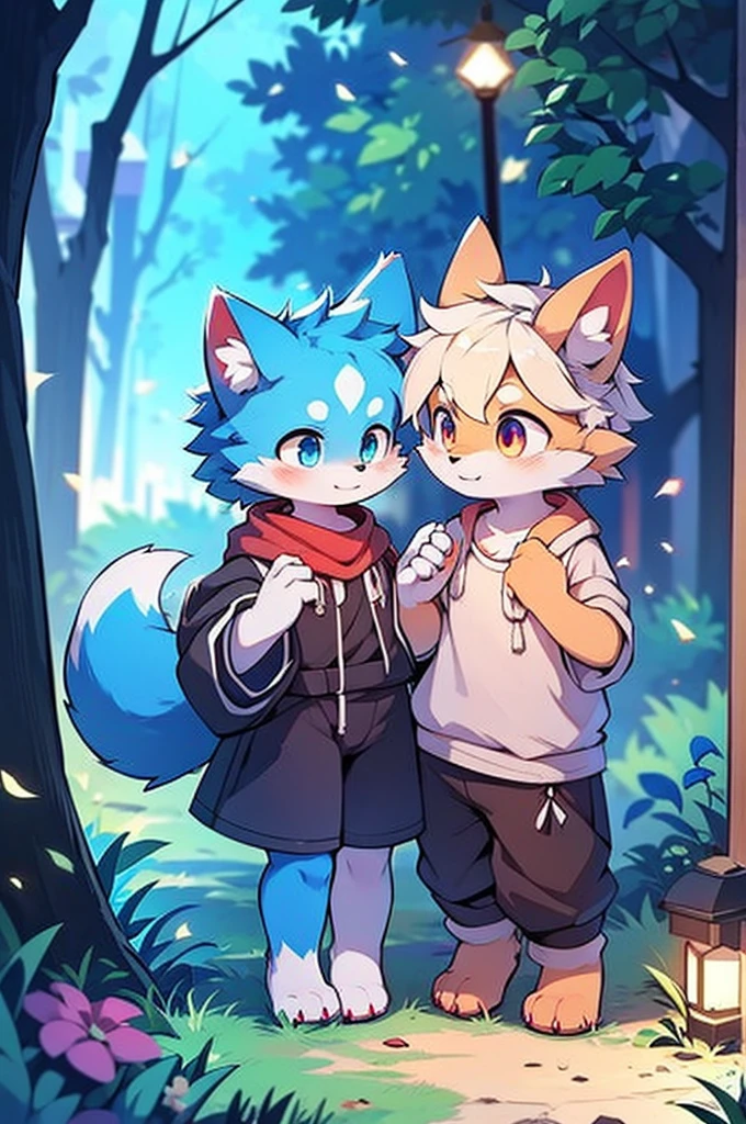 Blue fur, Canine, fox motif, Couple of girls and boys, Hand in hand，One boy，One Girl，night，