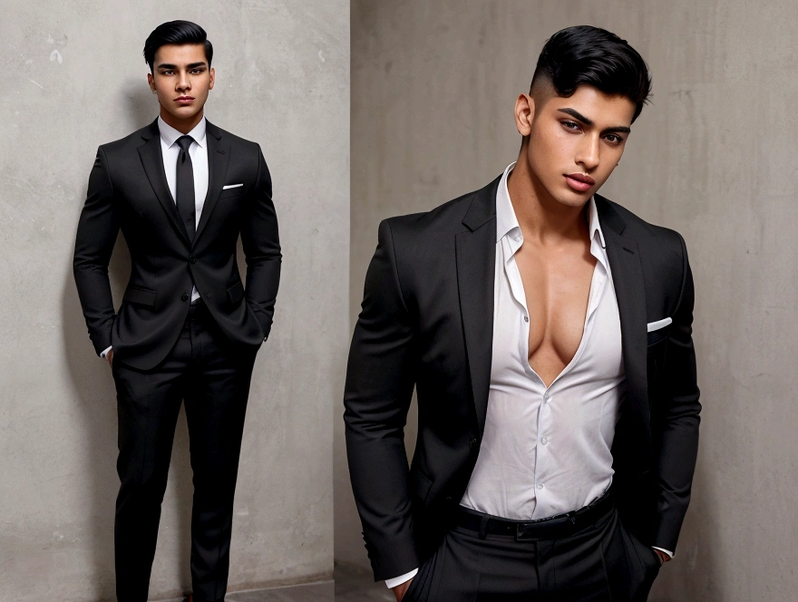 Create an 22 years old master piece handsome boy, with a realistce face and body, stylish short hair cut with a black colour, strong muscle and fitness body, realistic photo,rew image, wearing a suit or business trousers and business shoes, full body image , wakeing styli pose, hayper detailed pictures , Indian boy look