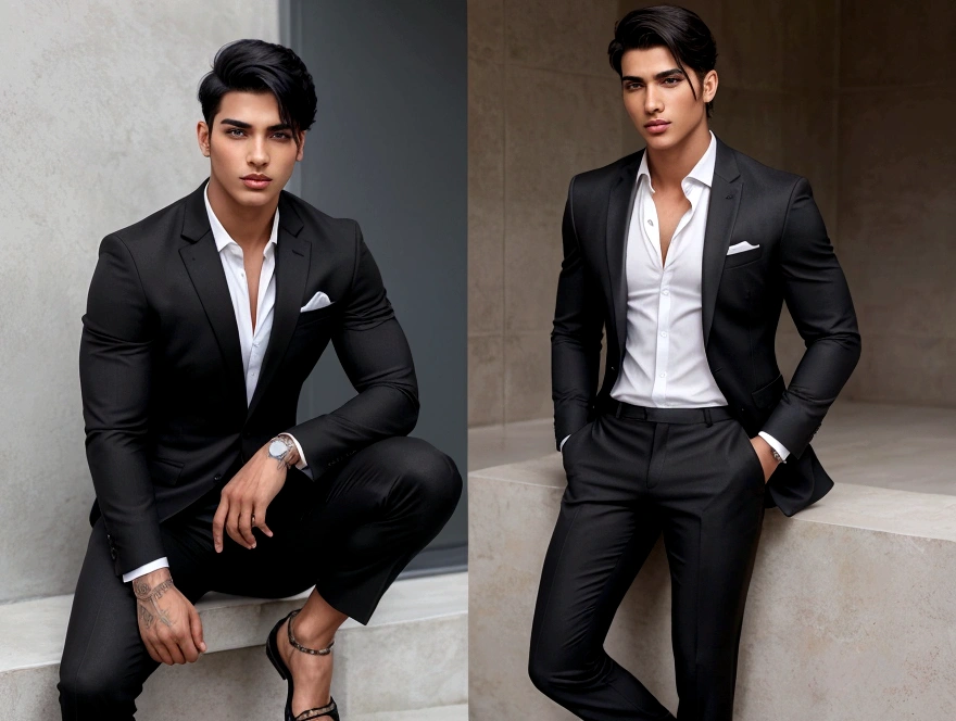 Create an 22 years old master piece handsome boy, with a realistce face and body, stylish short hair cut with a black colour, strong muscle and fitness body, realistic photo,rew image, wearing a suit or business trousers and business shoes, full body image , wakeing styli pose, hayper detailed pictures , Indian boy look