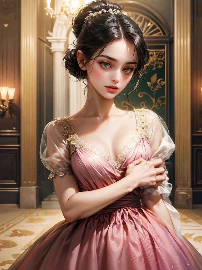 She wears a pink dress