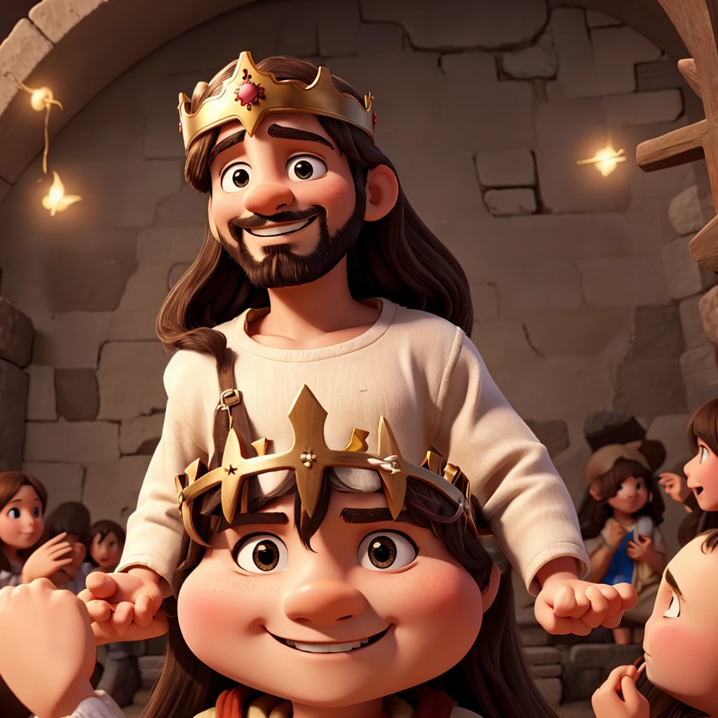 happy jesus with a crown playing with children
