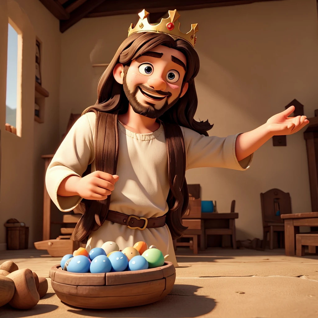 happy jesus with a crown playing with children