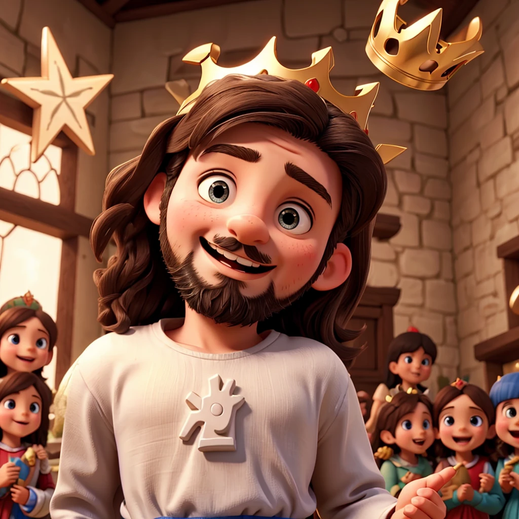 happy jesus with a crown playing with children
