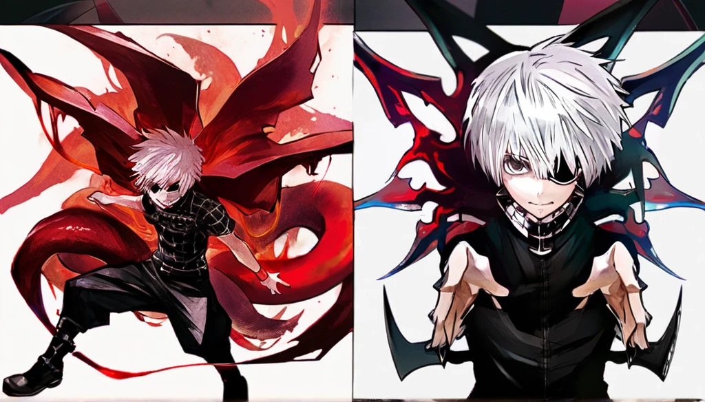 ```
ken kaneki, Tokyo Ghoul, white hair, black outfit, eyepatch, half-ghoul, serious expression, red kakugan eye, kagune tentacles, detailed face, high quality、Acrobatic、Wind-like sensation、Evil Aura

```