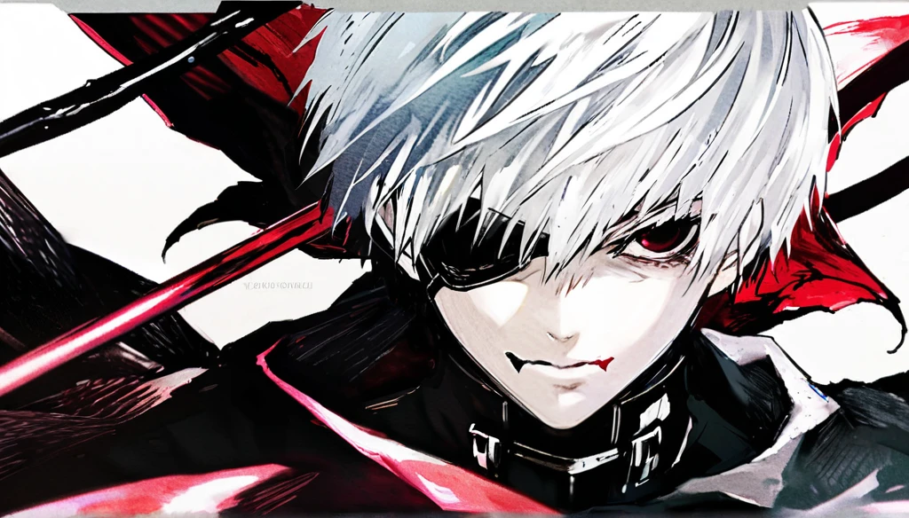 ```
ken kaneki, Tokyo Ghoul, white hair, black outfit, eyepatch, half-ghoul, serious expression, red kakugan eye, kagune tentacles, detailed face, high quality、Acrobatic、Wind-like sensation、Evil Aura
```