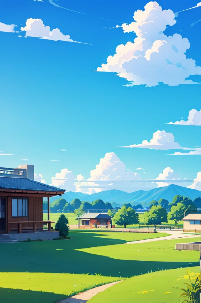 Cheerful anime scene with blue sky in an evening 