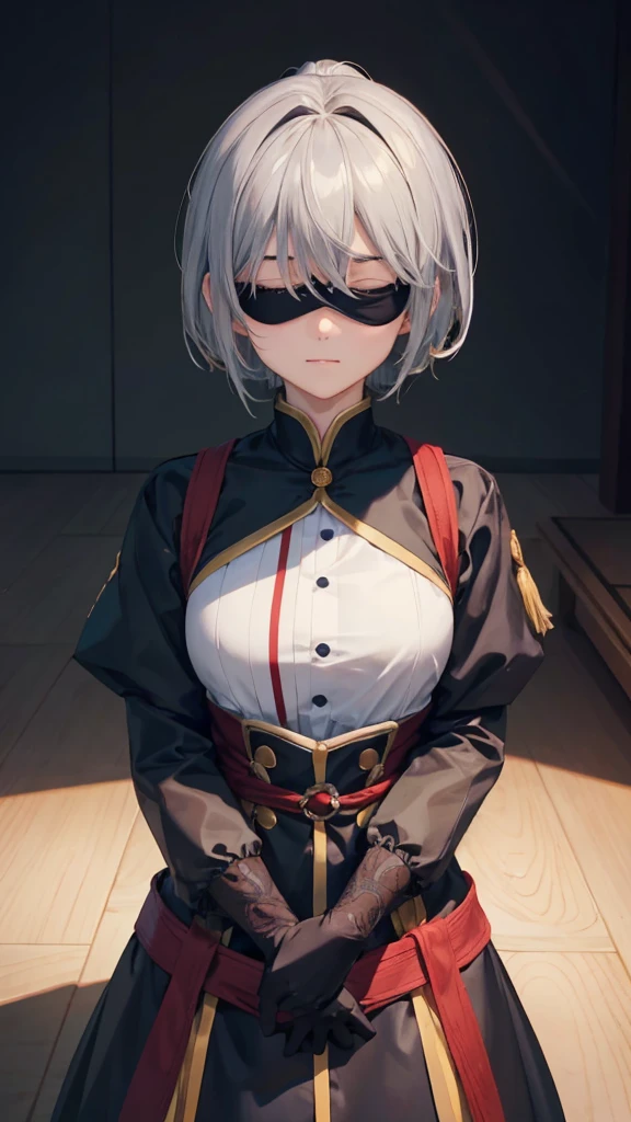 (非常に詳細な CG ユニティ 8K 壁紙), (masterpiece), (Highest quality), (Super detailed), (Best illustrations), (Best Shadow), (Absurd), 2b, One girl, short hair, Long ponytail, Regular size , Gray Hair, Blindfolded Solo, Intimidating woman, Admiral&#39;s Uniform, night, Hero Pose, White clothes, General uniform, uniform, sunlight, sunlightにさらされる,commander, Cape, Finding, ((Beautiful Fantasy Girl)), (Master Parts: 1.2), Highest quality, High resolution, Photorealistic, Photogenic, ユニティ 8K 壁紙, Perfect lighting, (Perfect Arms, Perfect Anatomy) Beautiful Face, Intricate details, Realistic details, anime, Perfect Girl, Perfect detail, Ultra HD |, 8K, Professional photos(非常に詳細な CG ユニティ 8K 壁紙), (masterpiece), (Highest quality), (Super detailed), (Best illustrations), (Best Shadow), (Absurd), 2b, One girl, short hair, Short Ponytail, Regular size , Gray Hair, Blindfolded Solo, Intimidating woman, Admiral&#39;s Uniform, night, Hero Pose, White clothes, General uniform, uniform, sunlight, sunlightにさらされる, commander, Black clothes, Sunlit, Sunset background