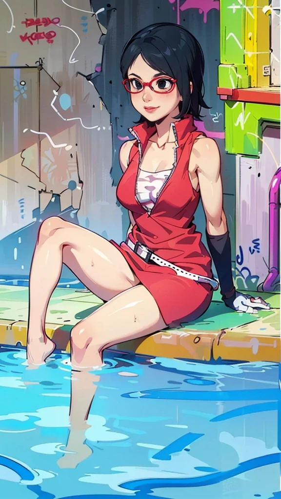 (1girl, Alone, alone), (WakatsukiRisa, Sarada uchiha, black hair, short hair, Black eyes, red glasses), ((Alone, (1woman, pink lipstick, Black eyes), extremely detailed , Soft ambient lighting, 4K, perfect eyes, a perfect face, Perfect Lighting, the 1 girl)), ((fitness, , shapely body, athletic body, toned body)) , ((sitting on the edge of a pool, red dress, graffiti wall, white belt, legs in the water, black gloves, shy smile))