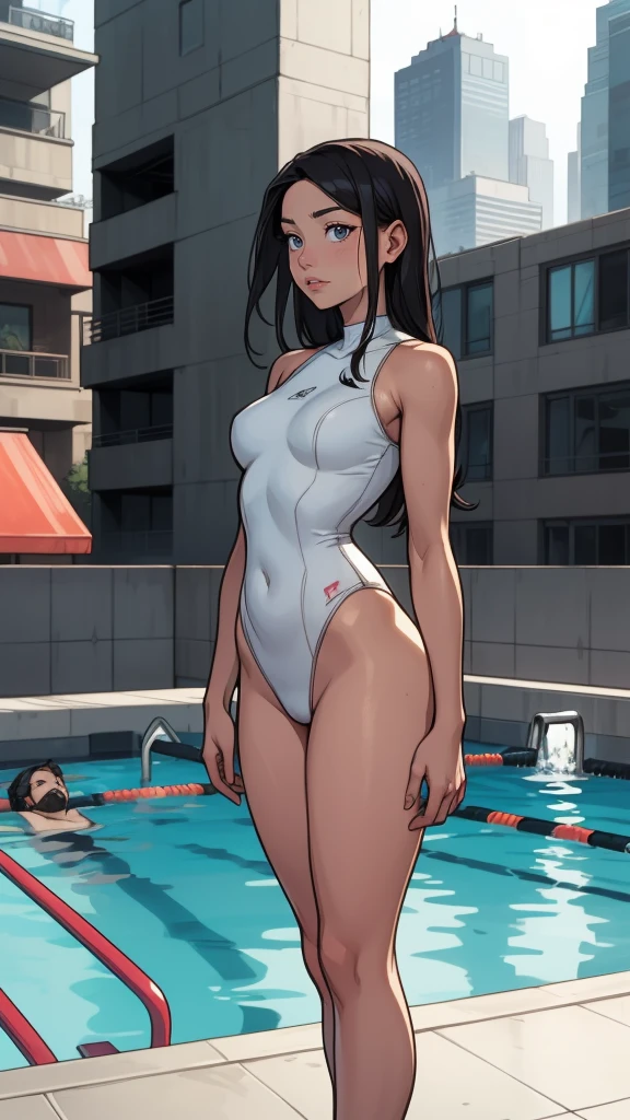 The image captures a medium shot of a young woman, hinting at the onset of adulthood, marked by a slender and sleek physique, with gentle contours and an athletic figure. She stands on the rooftop of a contemporary building, adorned with a pool that mirrors the vast urban panorama stretching beyond. This city, bathed in neon glow and dotted with luminous signs, conjures a futuristic atmosphere. The young woman, dressed in a swimsuit, exudes a sense of tranquility, harmonizing with the avant-garde and serene setting that surrounds her. (Pool:1.4) (Rooftop:1.4)