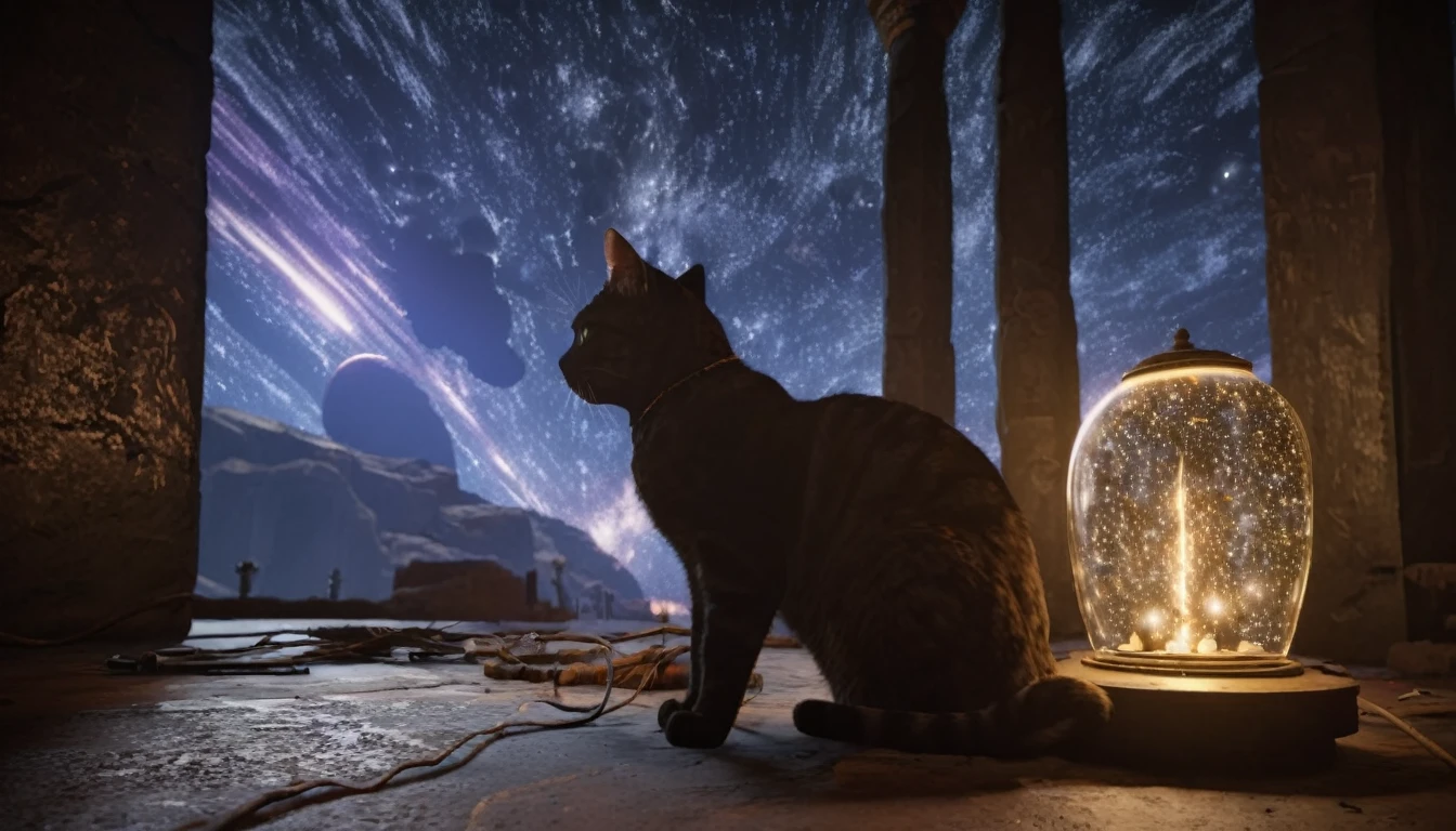 starscourgexl cat,scenery with glowing falling electricity stars in the background,awardwinning,masterpiece,((realistic)),128k UHD,octane render,sharp focus,trending on artstation,raw photograpy, ((no humans))