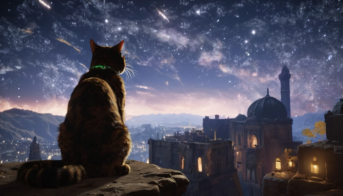 starscourgexl cat,scenery with glowing falling electricity stars in the background,awardwinning,masterpiece,((realistic)),128k UHD,octane render,sharp focus,trending on artstation,raw photograpy, ((no humans))