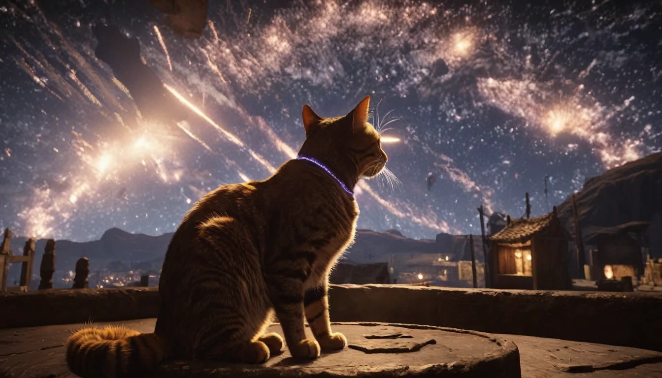 starscourgexl cat,scenery with glowing falling electricity stars in the background,awardwinning,masterpiece,((realistic)),128k UHD,octane render,sharp focus,trending on artstation,raw photograpy, ((no humans))