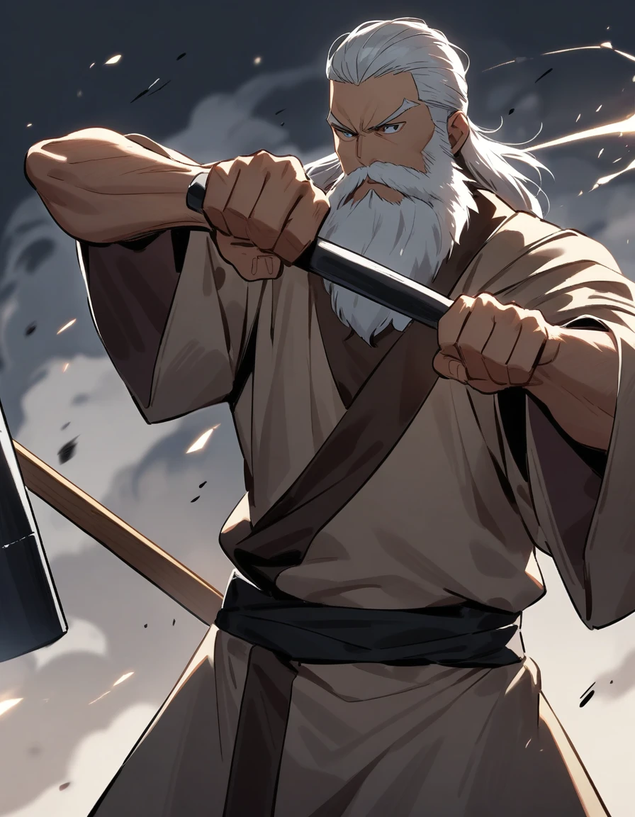 Man with beard and old tunic with a sledgehammer in his hand making the movement of hitting something ((side image))