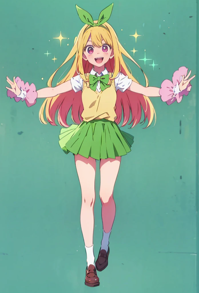 Ruby hoshino, long blonde hair, ruby dressed up as Yotsuba Nakano, dynamic pose, happy pose, long blonde hair with pink highlights, sparkling red pink eyes, star eyes, sparkling eyes, sweet face, cheery, playful happy face, lovely, 4k, perfect quality, excellent fusion, excellent character design, green ribbon, sleeveless yellow sweater, collared white short sleeved shirt, green bow tie, green pleated skirt, bright colors, pastel coloured image, vivid colours, light colours, simple background, magic hill background, splendid nature, natural light, daylight, full body, full shot, dinamic pose, extremely detailed, clean lineart, neat, smile
