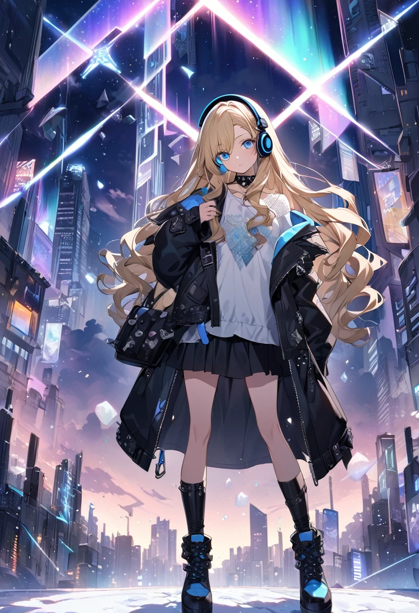 Anime Style　whole body　Blonde　Blue Eyes　Wavy Hair　Long Hair　Slit eyes　cool　cute　beautiful girl　168cm　17 years old　Punk Fashion　Black leather jacket　Removed black hood　White blouse　Black Skirt　Headphones on neck　Black boots　Dark Night　Cyber City　Different world　Gloomy air　Aurora　Light blue clouds　Fantasy　ice　Diamond dust　snow　吹snow　Beautiful feet　Shoulder baring　clear