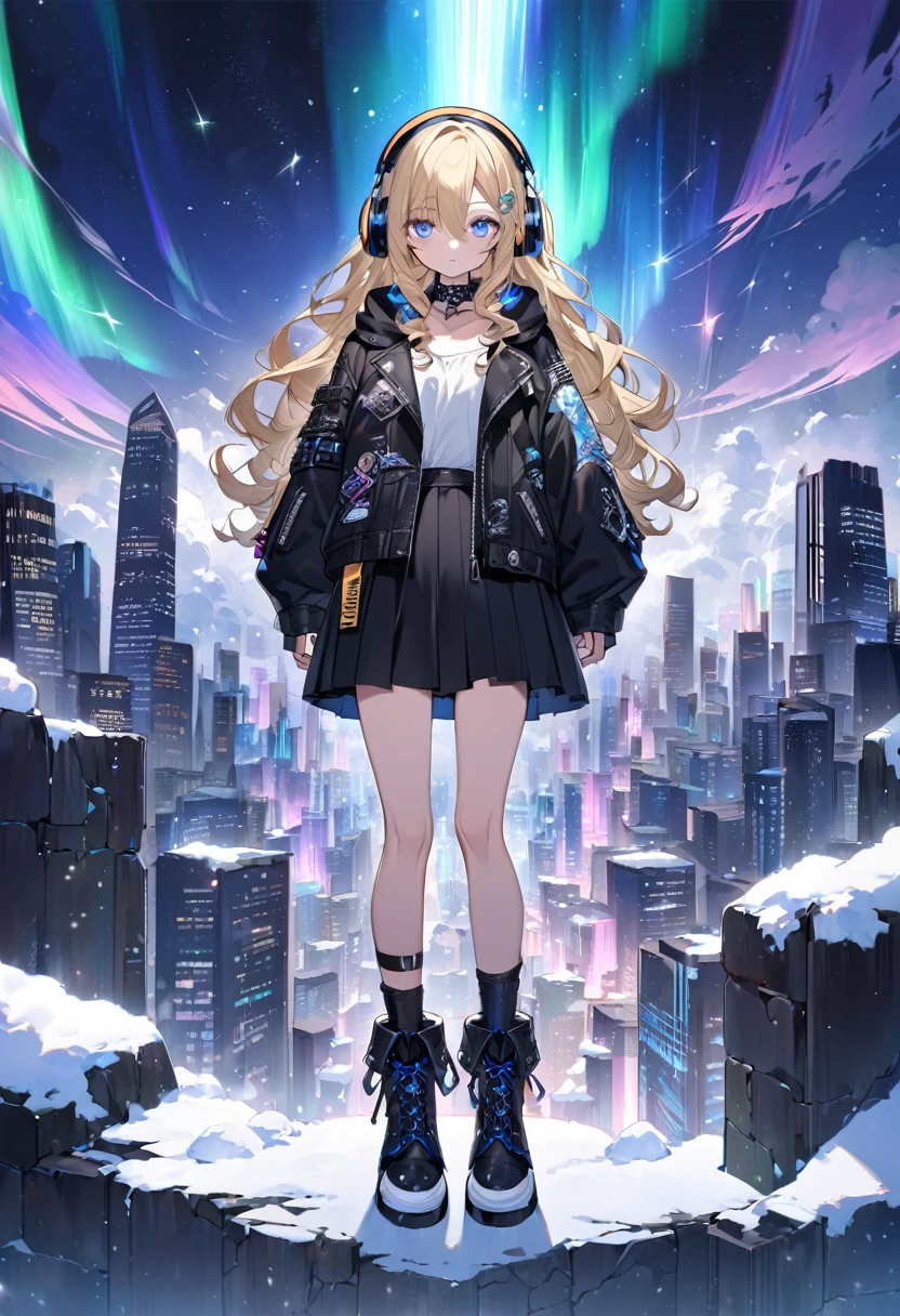 Anime Style　whole body　Blonde　Blue Eyes　Wavy Hair　Long Hair　Slit eyes　cool　cute　beautiful girl　168cm　　Punk Fashion　Black leather jacket　Removed black hood　White blouse　Black Skirt　Headphones on neck　Black boots　Dark Night　Cyber City　Different world　Gloomy air　Aurora　Light blue clouds　Fantasy　ice　Diamond dust　snow　吹snow　Beautiful feet　Shoulder baring　clear