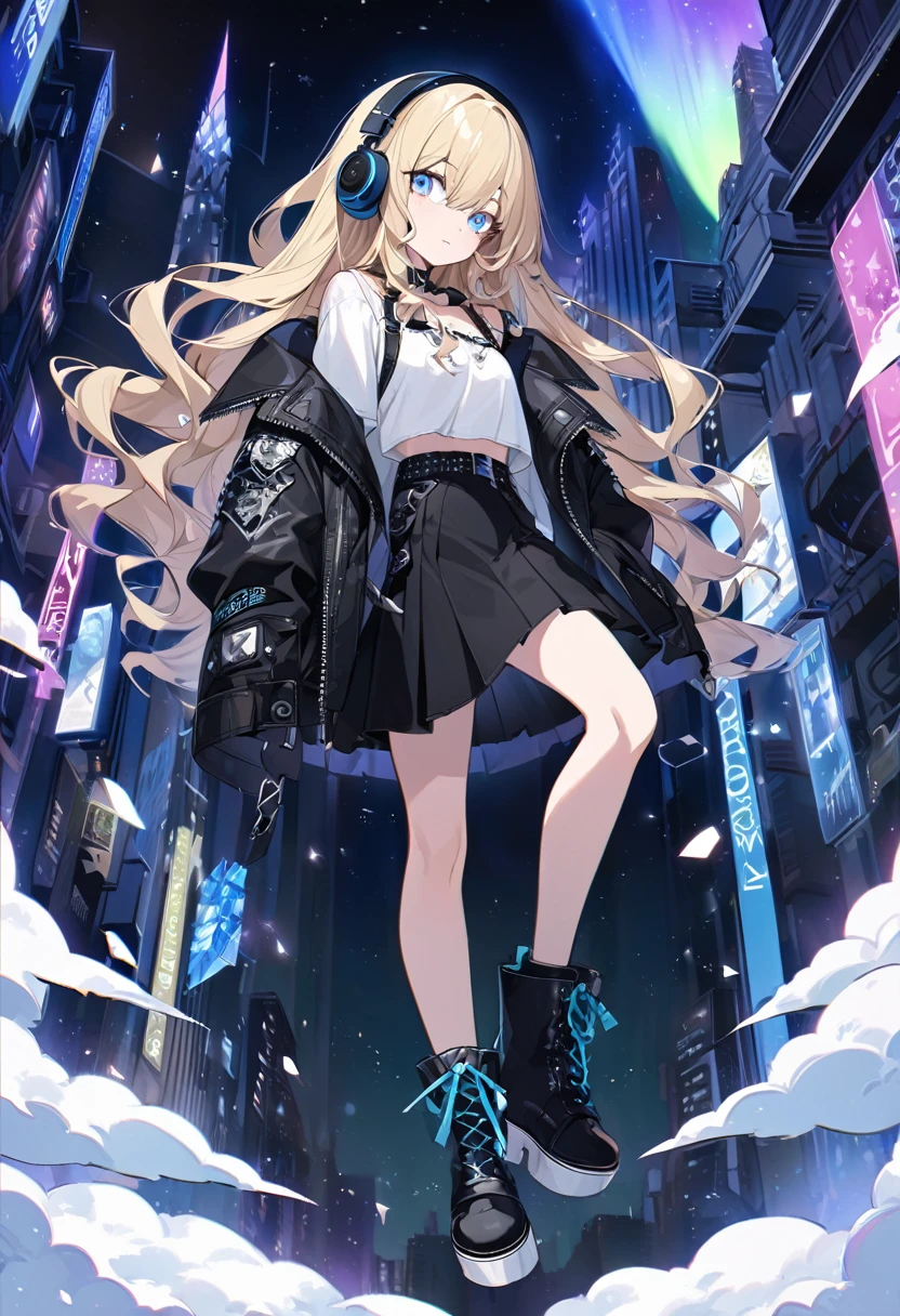 Anime Style whole body Blonde Blue Eyes Wavy Hair Long Hair Slit eyes cool cute beautiful girl 168cm Punk Fashion Black leather jacket Removed black hood White blouse Black Skirt Headphones on neck Black boots Dark Night Cyber City Different world Gloomy air Aurora Light blue clouds Fantasy ice Diamond dust snow 吹snow Beautiful feet Shoulder baring clear