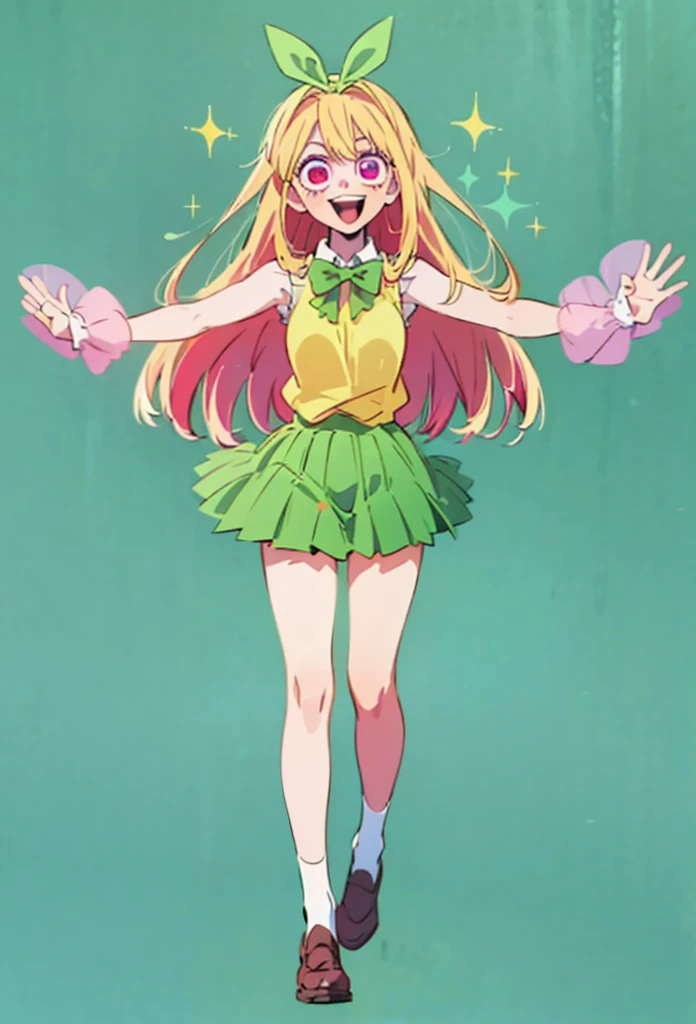 Ruby hoshino, long blonde hair, ruby dressed up as Yotsuba Nakano, dynamic pose, happy pose, long blonde hair with pink highlights, sparkling red pink eyes, star eyes, sparkling eyes, sweet face, cheery, playful happy face, lovely, 4k, perfect quality, excellent fusion, excellent character design, green ribbon, sleeveless yellow sweater, collared white short sleeved shirt, green bow tie, green pleated skirt, bright colors, pastel coloured image, vivid colours, light colours, simple background, magic hill background, splendid nature, natural light, daylight, full body, full shot, dinamic pose, extremely detailed, clean lineart, neat, smile