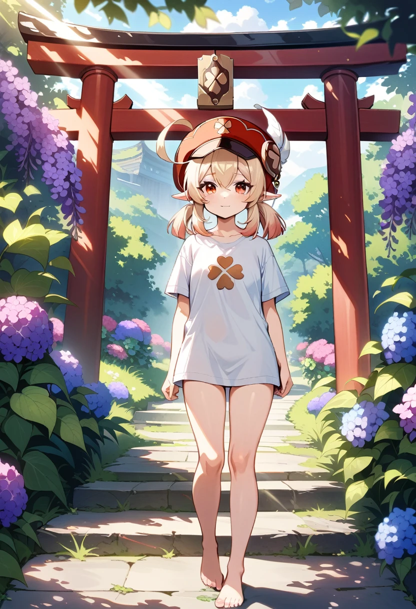 masterpiece, best quality, very aesthetic, absurdres, newest,1girl,naked_shirt, pussy_hair, ,klee_(genshin_impact), genshin_impact, blonde_hair, ahoge, hair_between_eyes, low_twintails, medium_hair, pointy_ears, sidelocks, cabbie_hat, red_hat,four-leaf_clover, clover_print,,,Wallpaper Fusion, dappled sunlight, day, flower, hydrangea, leaf, light rays, nature, outdoors, path, plant, purple flower, scenery, stairs, sunlight, torii, tree, wisteria
