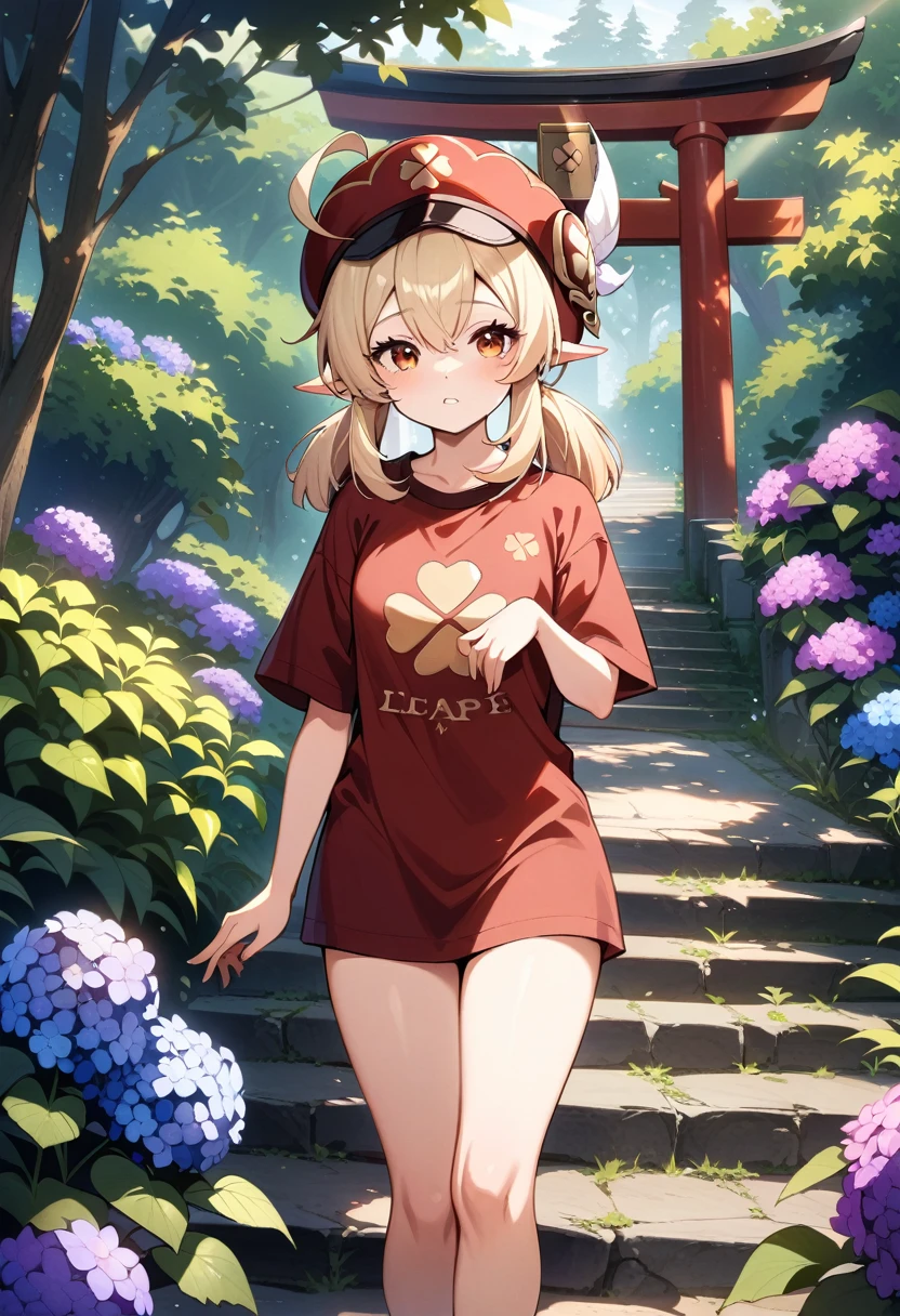 masterpiece, best quality, very aesthetic, absurdres, newest,1girl,naked_shirt, pussy_hair, ,klee_(genshin_impact), genshin_impact, blonde_hair, ahoge, hair_between_eyes, low_twintails, medium_hair, pointy_ears, sidelocks, cabbie_hat, red_hat,four-leaf_clover, clover_print,,,Wallpaper Fusion, dappled sunlight, day, flower, hydrangea, leaf, light rays, nature, outdoors, path, plant, purple flower, scenery, stairs, sunlight, torii, tree, wisteria