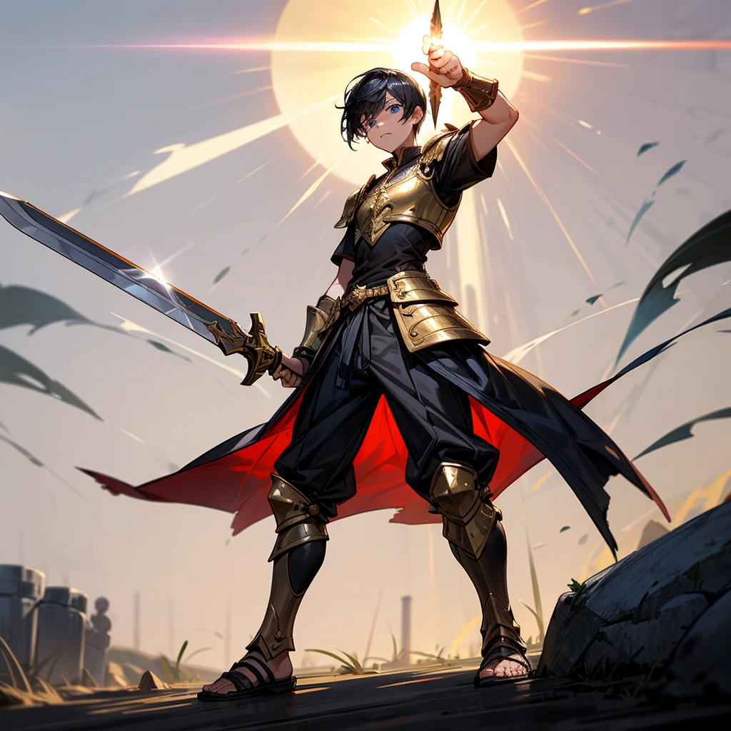 1boys, Full body version, blue eyes, undercut hair, black colour hair, very angry expression, gladiator clothing, short sleeve shirt, gladiator skirt, gold armor body, bodybelt, gladiator sandals, Spatha sword in hand, (war gesture), Grassroots background in war, smoke, silhouette of sunlight, glare of sunlight behind, blood on face, blood on armor, blood on hand, full of background light, fire, burning fire