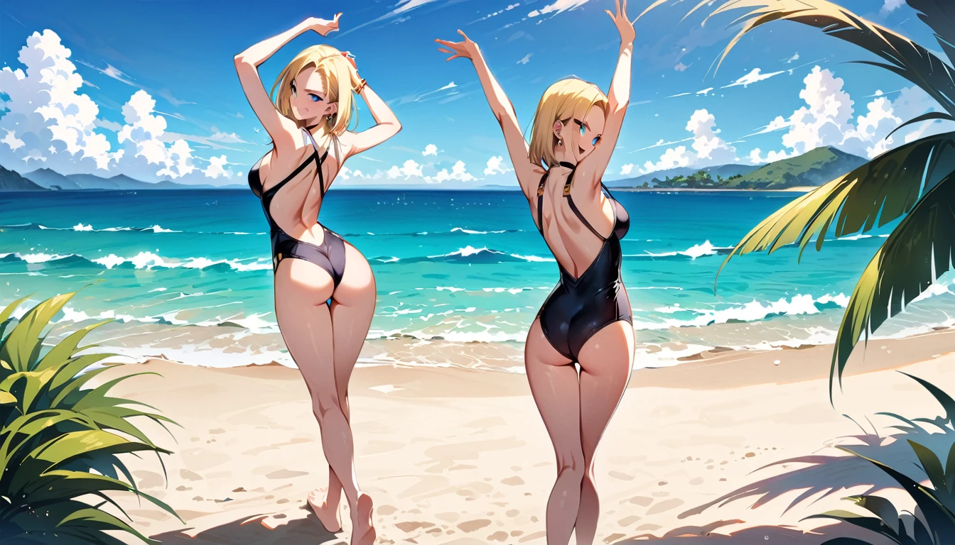 (masterpiece, best quality:1.2), solo, Android 18 from Dragon Ball, ((black bikini, thigh gap)), short blonde hair loose, (blue eyes), earrings on earlobes, slender feminine figure, (skinny body), light blush, blue sky, magnificent view, blur background, 4K, beautiful armpits, arms up, open mouth, beach, one heel raise, shot from behind, looking back, smile, back view, slim, Backless One-Piece Swimsuit, (barefoot), Hawaii
