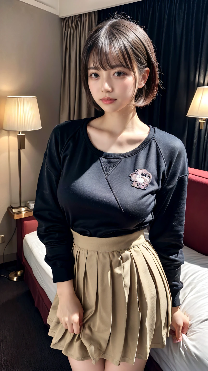 (8K, RAW Photos, Highest quality, masterpiece:1.3), (professional photography, full colors, studio-caliber color grading), (Gravure quality for high-end fashion magazines), close up, BREAK, 20 year old girl,(short bob hair:1.1), crying a little, Harajuku style, Big Natural Color Lip, (Plumpy body:1.2 (smooth skin:1.1 (huge breasts:1.2 (expresses the roundness and softness of the chest area..1.1 (Emphasize body line:1.1  BREAK (Highly detailed and elegant applique cotton jersey sweatshirt made of cotton jersey。, Pleated skirt, Features a relaxed and relaxed silhouette. BREAK (hotel room:1.2)