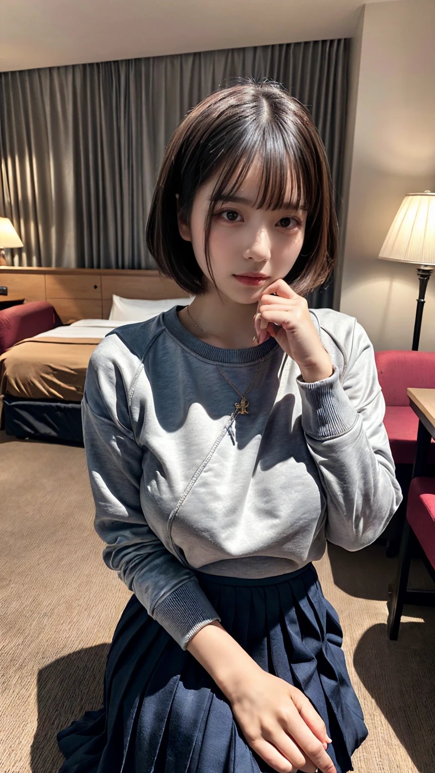 (8K, RAW Photos, Highest quality, masterpiece:1.3), (professional photography, full colors, studio-caliber color grading), (Gravure quality for high-end fashion magazines), close up, BREAK, 20 year old girl,(short bob hair:1.1), crying a little, Harajuku style, Big Natural Color Lip, (Plumpy body:1.2 (smooth skin:1.1 (huge breasts:1.2 (expresses the roundness and softness of the chest area..1.1 (Emphasize body line:1.1 BREAK (Highly detailed and elegant applique cotton jersey sweatshirt made of cotton jersey。, Pleated skirt, Features a relaxed and relaxed silhouette. BREAK (hotel room:1.2)