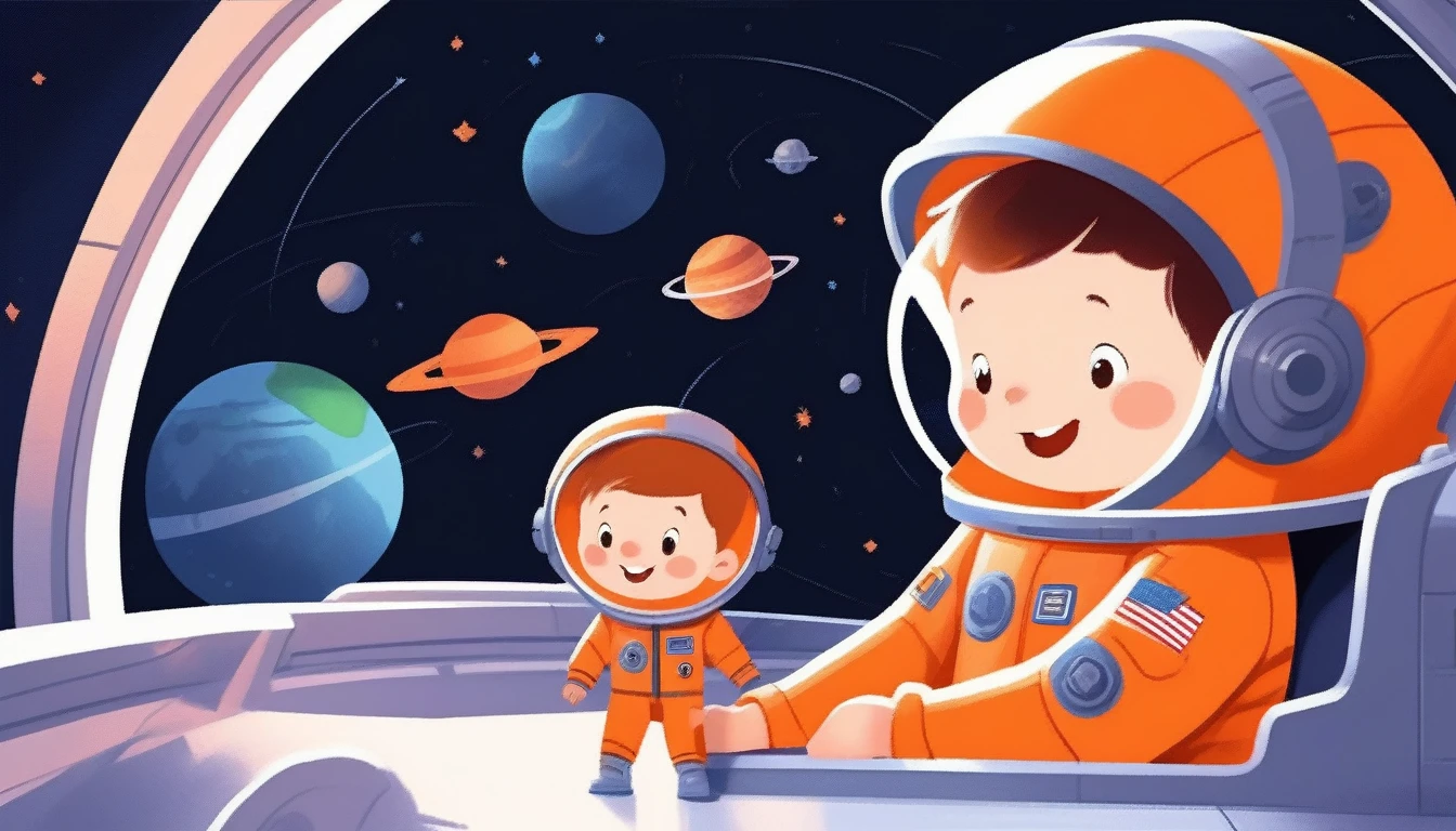 children's picture books,crayon paintings,black background,simple background,
A little boy inside in spacecraft, happy, orange uniform, slowly approaching, with high definition and quality,