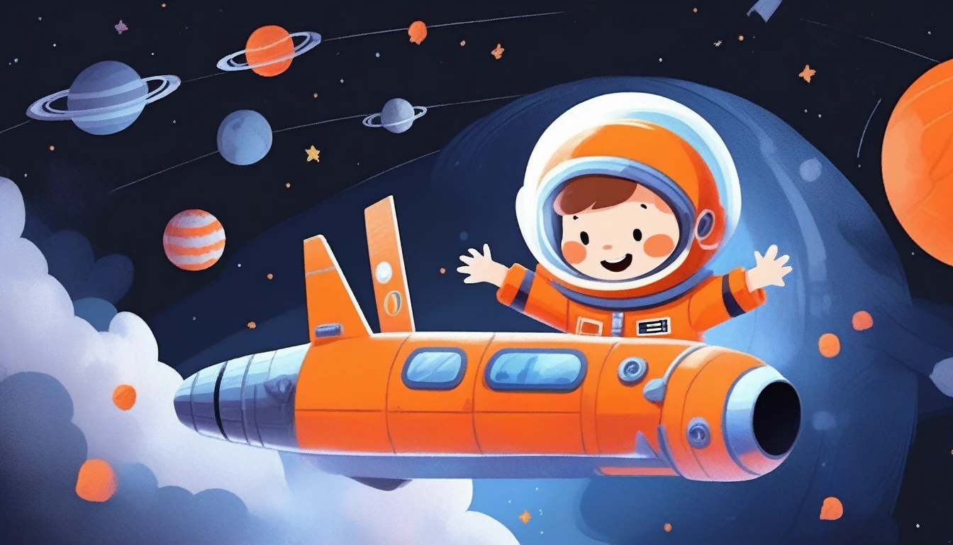 children's picture books,crayon paintings,black background,simple background,
A little boy inside in spacecraft, happy, orange uniform, slowly approaching, with high definition and quality,