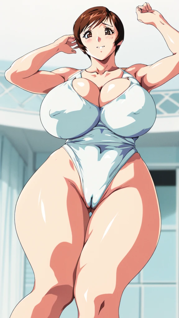 masterpiece, highest quality, High resolution, One girl, solo, sexual intercourse, Pornographic images, short hair, etsukoto, brown Eyes, fine grain, fine grain, (((Thick thighs, Plump thighs, Voluptuous thighs, Thighs alone are enough))), Huge and ample breasts, Cleavage, big long breasts, Naughty big,((big breasts are important))、((Naughty thighs)), L Cup, (thin:1.4),(Tight waist:1.4),  (white swimsuit:1.4), Embarrassed look, blush, (((Simple Background))), ((Wide Hips)), Shiny, Oily skin, Mature mother, Calf, Seductive mature woman, milf, Perfect body, Plus Size Model, curvy, ample, etsukoto, blush, clavicle, retro artstyle, 1990s (style), (thick thighs:1.4), ((((covering breast by arms, bursting breast)))), (((focus pussy, from below, pov))),