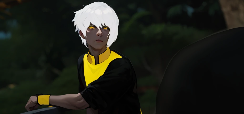 There is a 27-year-old man with white hair and yellow eyes. He is talking about something serious.